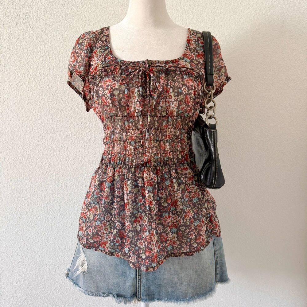 American Rag Floral Short Sleeve Milk Maid Blouse Fairy Coquette Core Y2K Size M